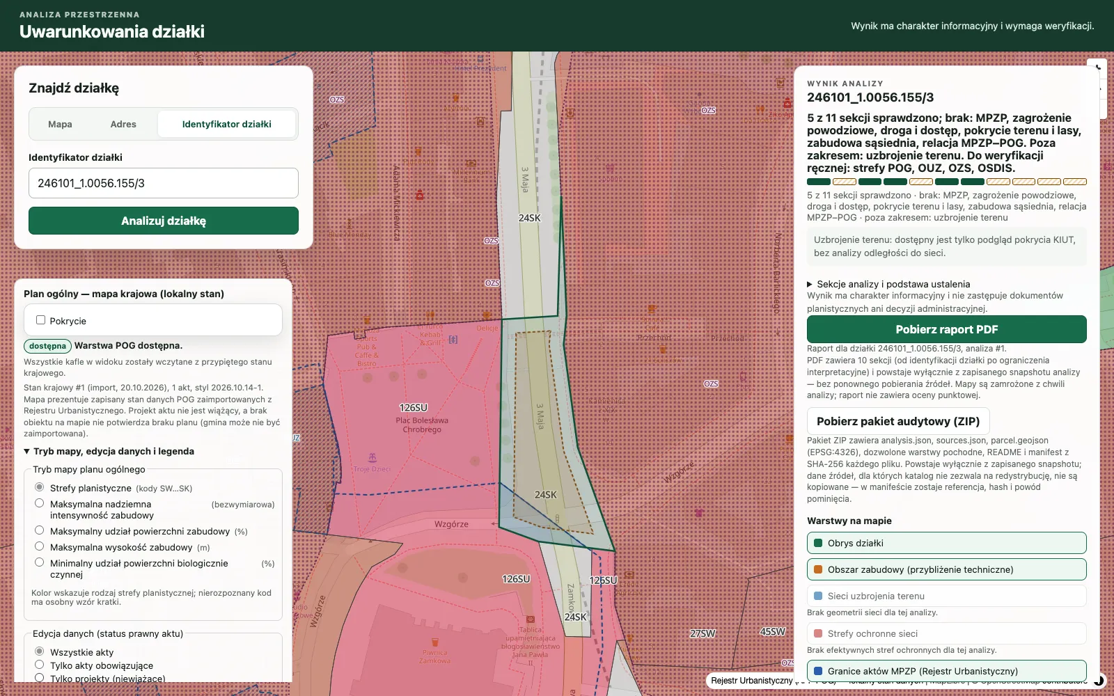 A parcel outline and general-plan zones appear beside the Polish analysis completeness panel.