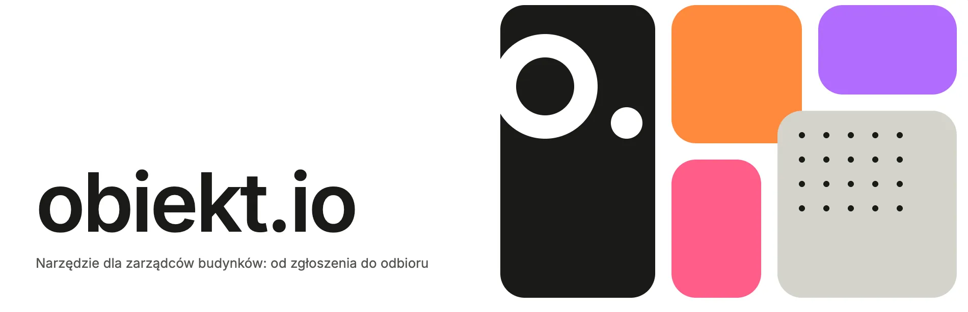 The obiekt.io wordmark and the tagline “Narzędzie dla zarządców budynków: od zgłoszenia do odbioru” beside a black door-shaped mark and four coloured tiles.