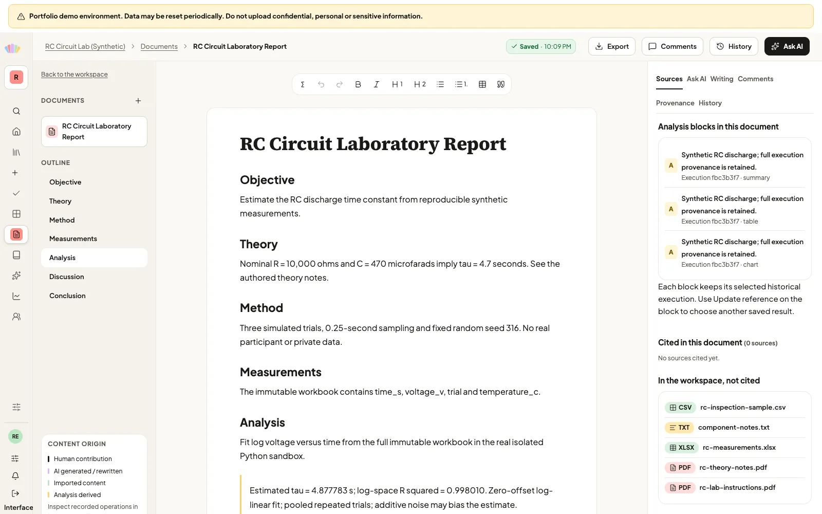 The synthetic RC lab report is open beside the workspace source list and document outline.