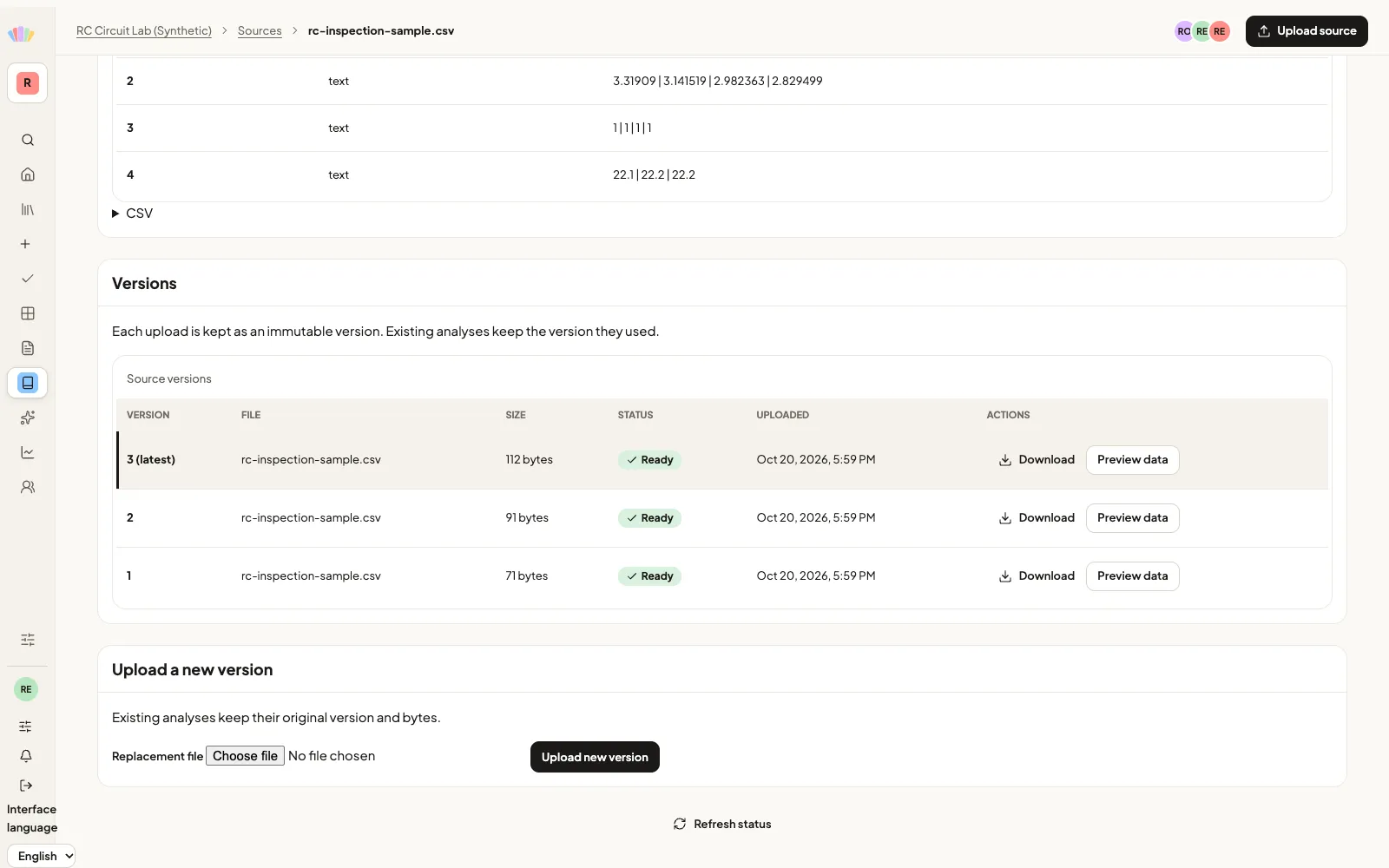 Three immutable uploads of a synthetic CSV appear in version history, each with a download action.