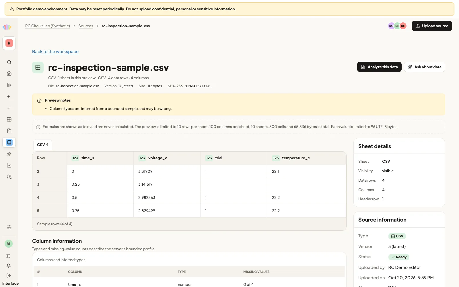 A synthetic CSV preview shows sample rows, a sheet tab, inferred types, one missing cell and Analyze this data.