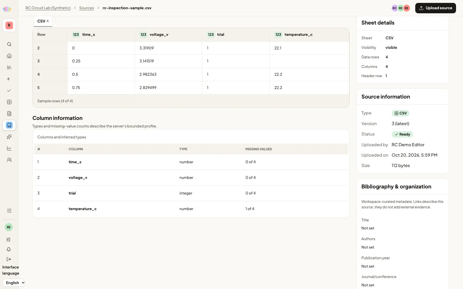 The CSV column profile lists inferred types and exact missing-value counts for all four columns.