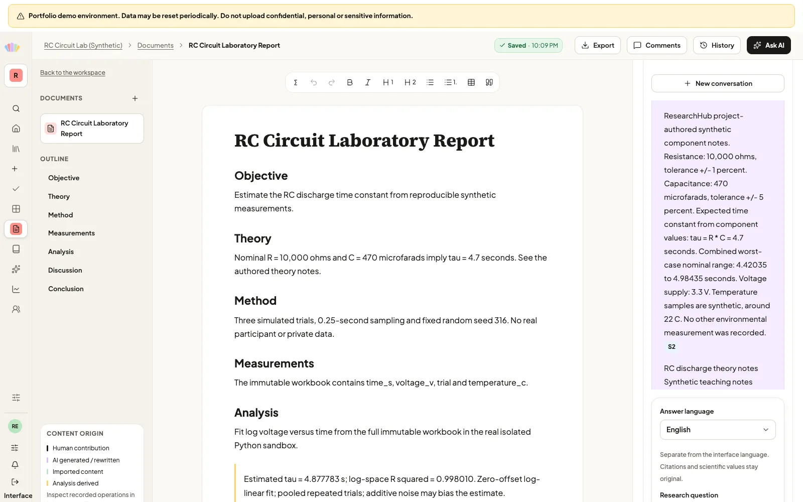 Beside the report, a research conversation answers the time-constant question with links to source fragments.