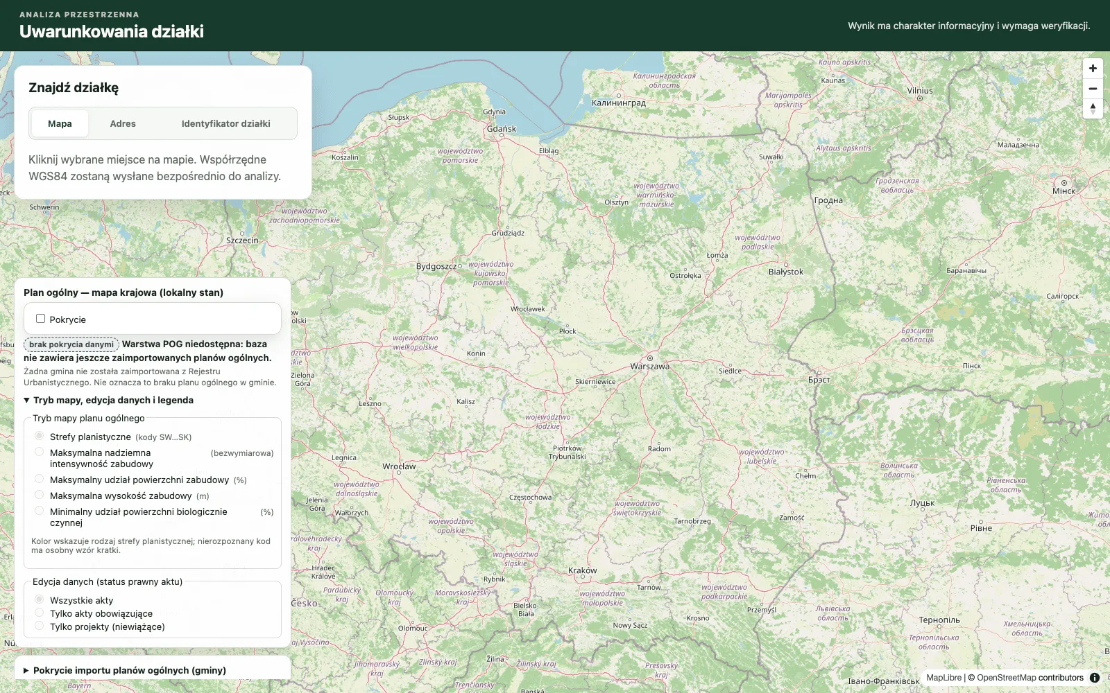 The map panel explains that the general-plan layer is unavailable because no plans have been imported.