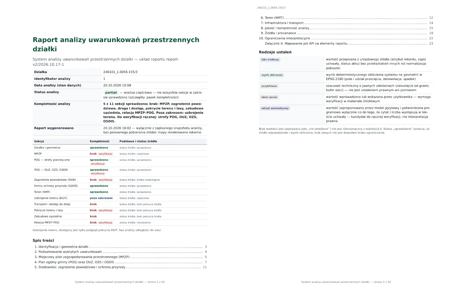 The first two complete pages of the downloaded PDF report show parcel details and the analysis summary.