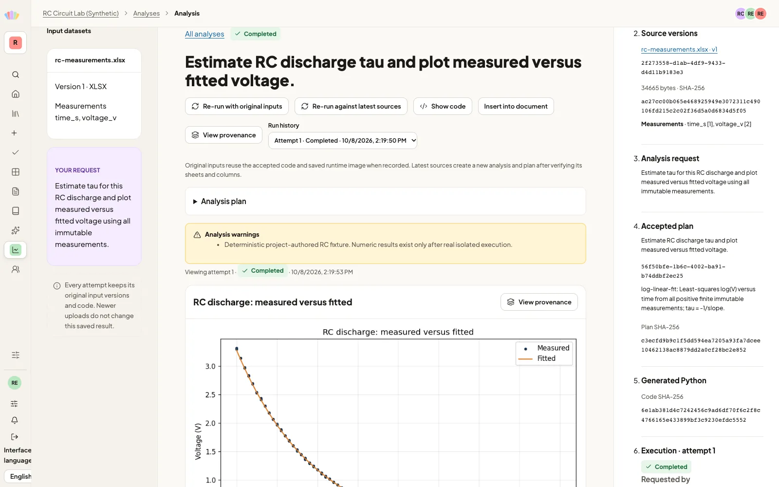 The saved analysis shows its exact workbook version, run history, source hash and accepted plan.