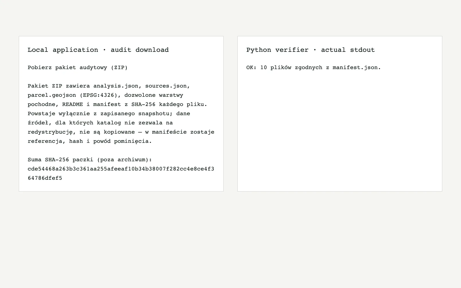 The audit download text and its SHA-256 appear beside the unmodified output of the Python verifier.