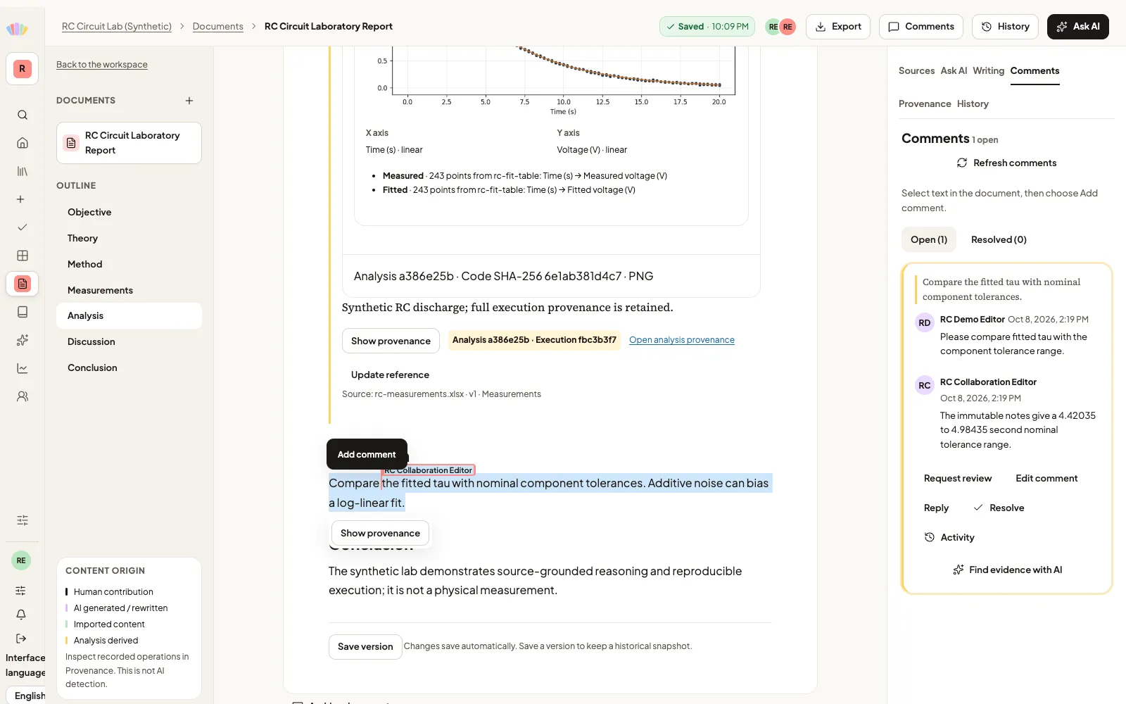 The report shows an anchored review thread, a reply and a second signed-in editor’s cursor.